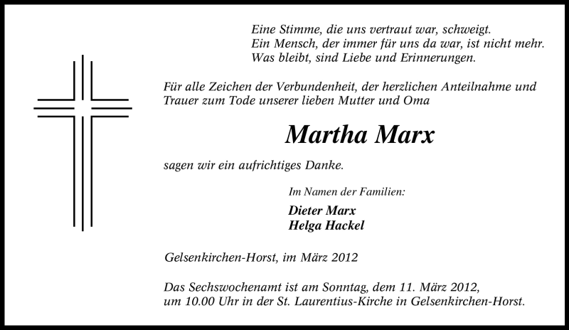  Traueranzeige für Martha Marx vom 03.03.2012 aus Tageszeitung