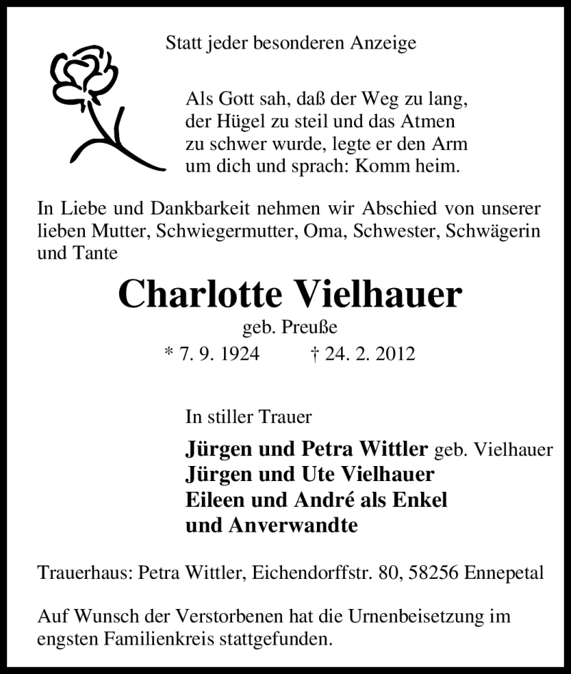 Traueranzeigen von Charlotte Vielhauer TrauerinNRW.de