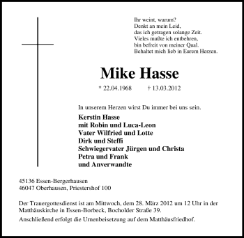 Traueranzeige von Mike Hasse von Tageszeitung