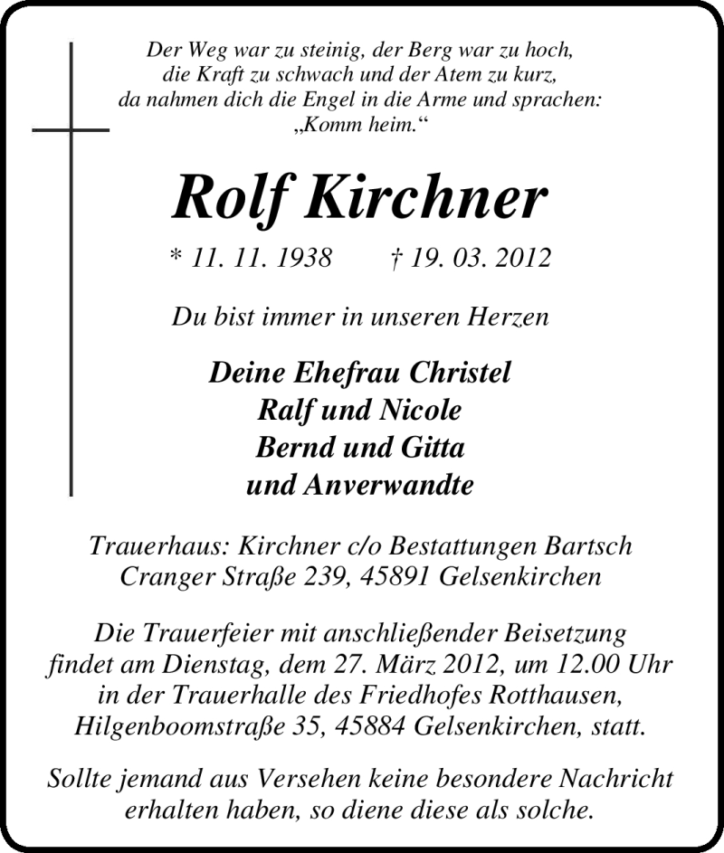  Traueranzeige für Rolf Kirchner vom 24.03.2012 aus Tageszeitung