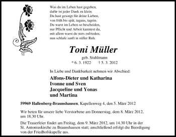 Traueranzeige von Toni Müller von Tageszeitung