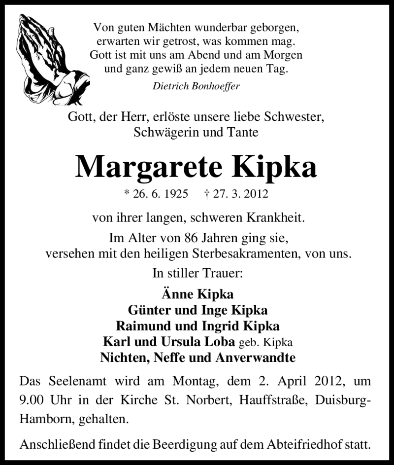  Traueranzeige für Margarete Kipka vom 31.03.2012 aus Tageszeitung