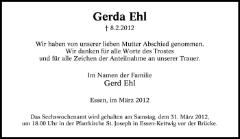 Traueranzeige von Gerda Ehl von Tageszeitung