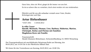 Traueranzeige von Artur Birkenhauer von Tageszeitung