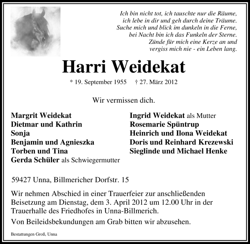  Traueranzeige für Harri Weidekat vom 30.03.2012 aus Tageszeitung