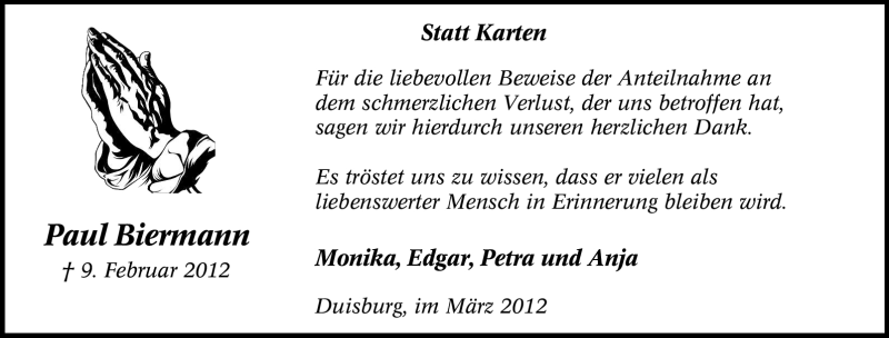  Traueranzeige für Paul Biermann vom 03.03.2012 aus Tageszeitung