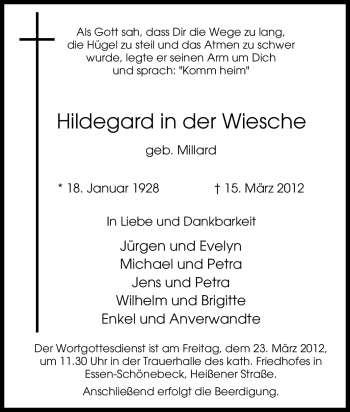 Traueranzeige von Hildegard in der Wiesche von Tageszeitung