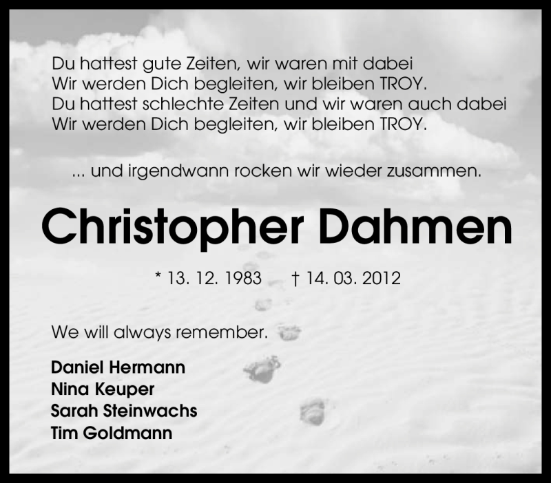  Traueranzeige für Christopher Dahmen vom 24.03.2012 aus Tageszeitung