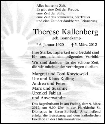 Traueranzeige von Therese Kallenberg von Tageszeitung