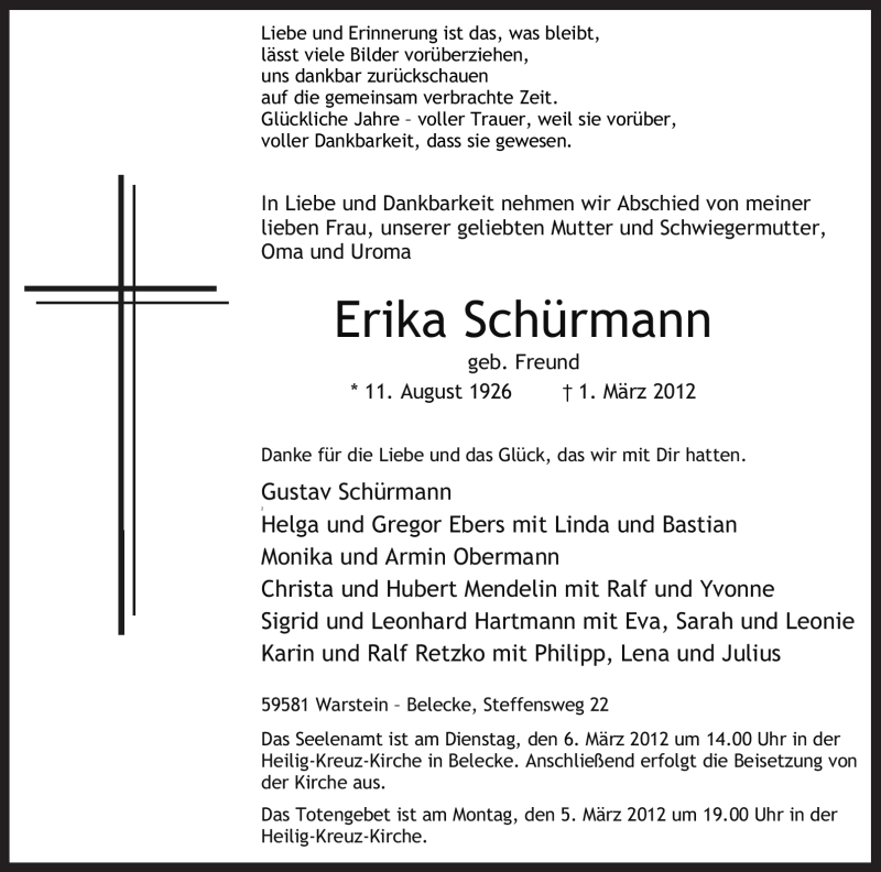  Traueranzeige für Erika Schürmann vom 02.03.2012 aus Tageszeitung