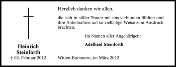 Traueranzeige von Heinrich Steinforth von Tageszeitung