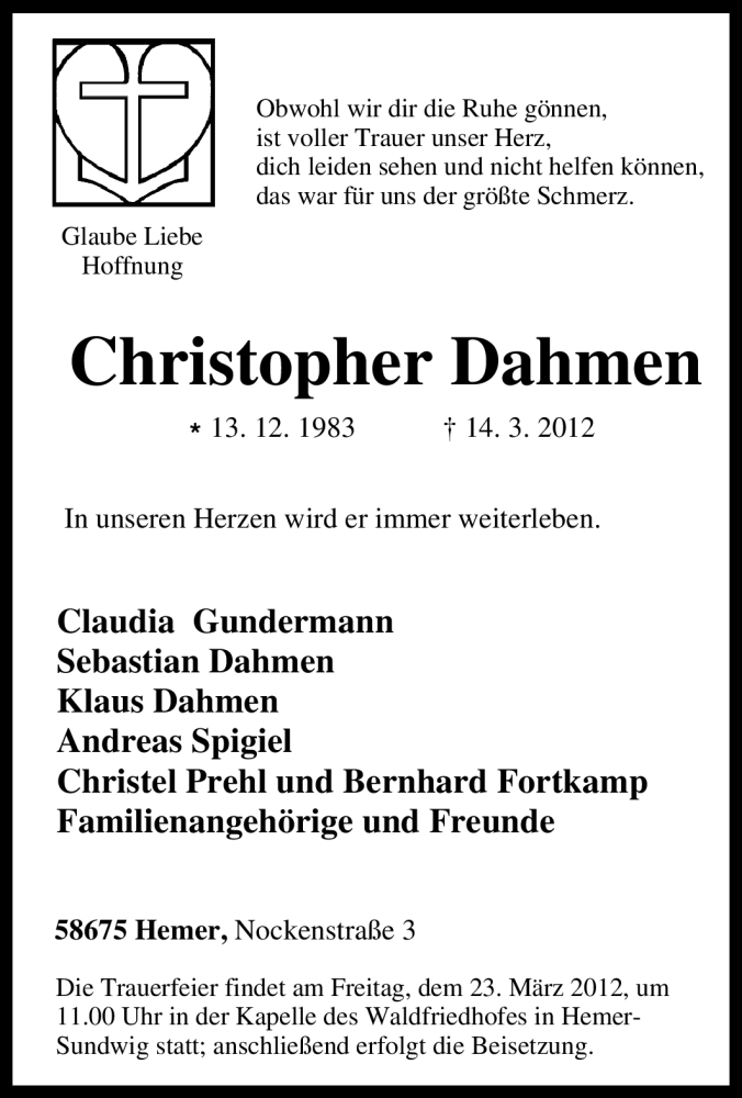  Traueranzeige für Christopher Dahmen vom 20.03.2012 aus Tageszeitung