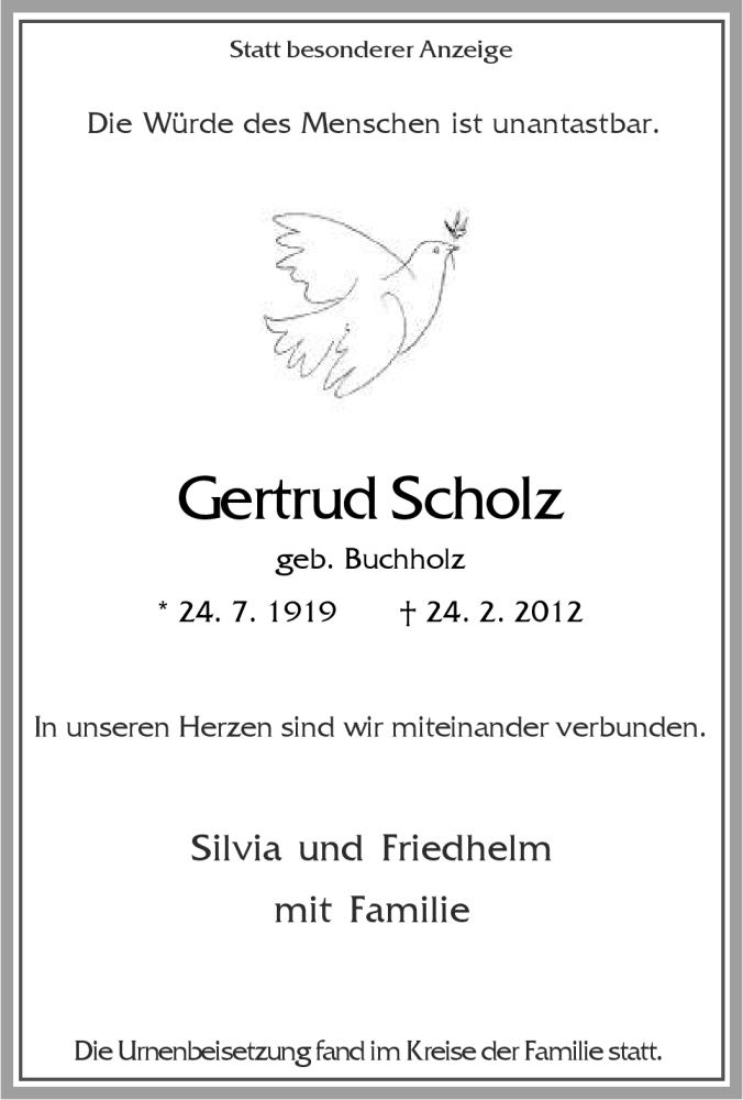  Traueranzeige für Gertrud Scholz vom 17.03.2012 aus Tageszeitung