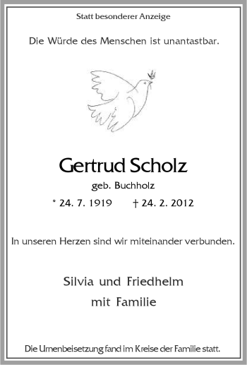 Traueranzeige von Gertrud Scholz von Tageszeitung