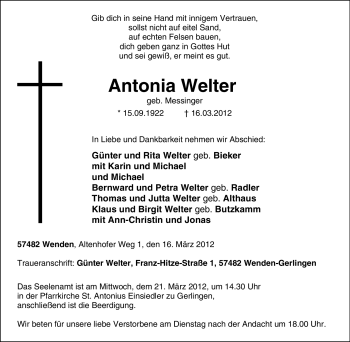 Traueranzeige von Antonia Welter von Tageszeitung