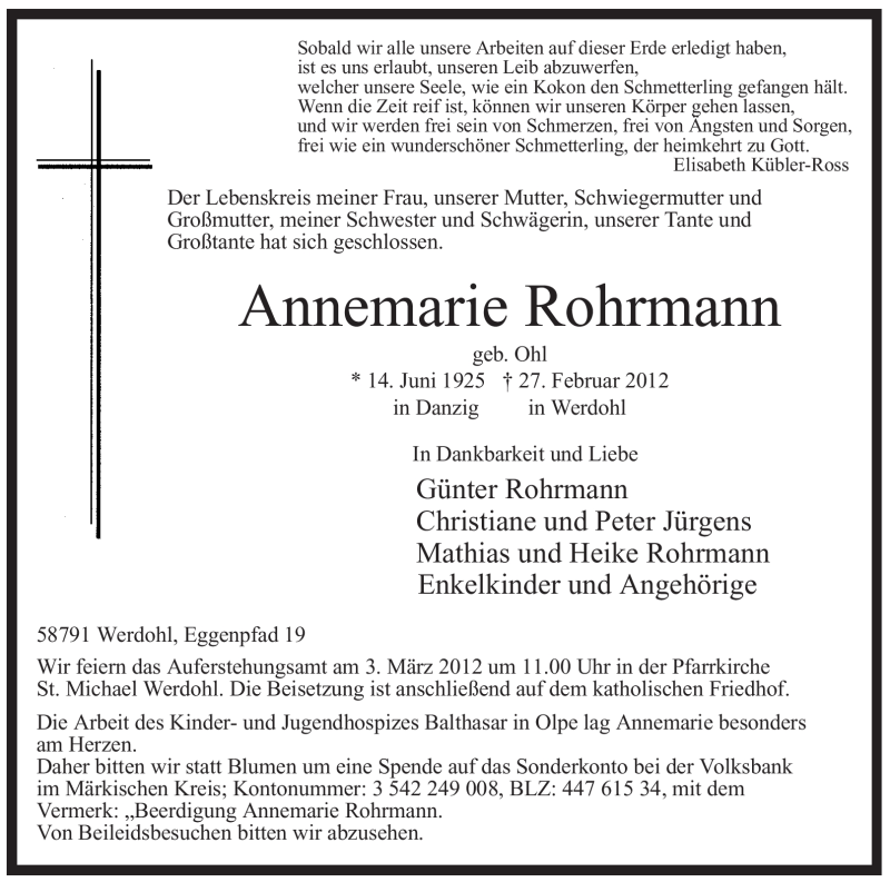  Traueranzeige für Annemarie Rohrmann vom 01.03.2012 aus Tageszeitung