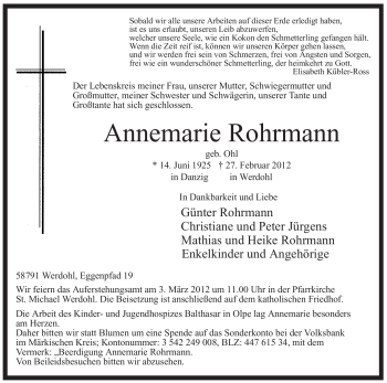 Traueranzeige von Annemarie Rohrmann von Tageszeitung