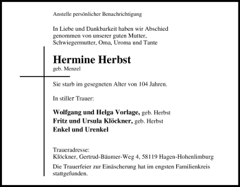 Traueranzeige von Hermine Herbst von Tageszeitung