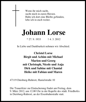 Traueranzeige von Johann Lorse von Tageszeitung