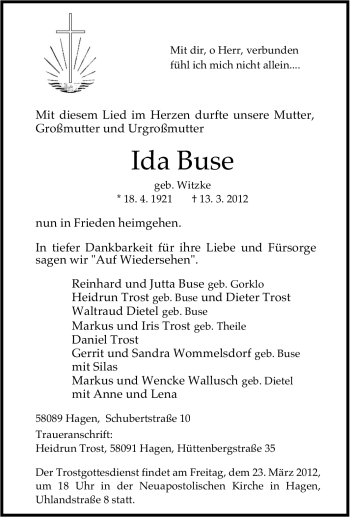Traueranzeige von Ida Buse von Tageszeitung