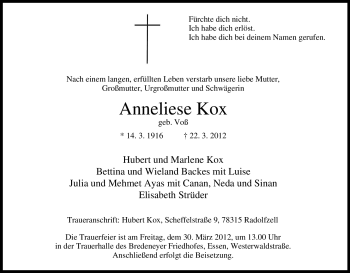 Traueranzeige von Anneliese Kox von Tageszeitung