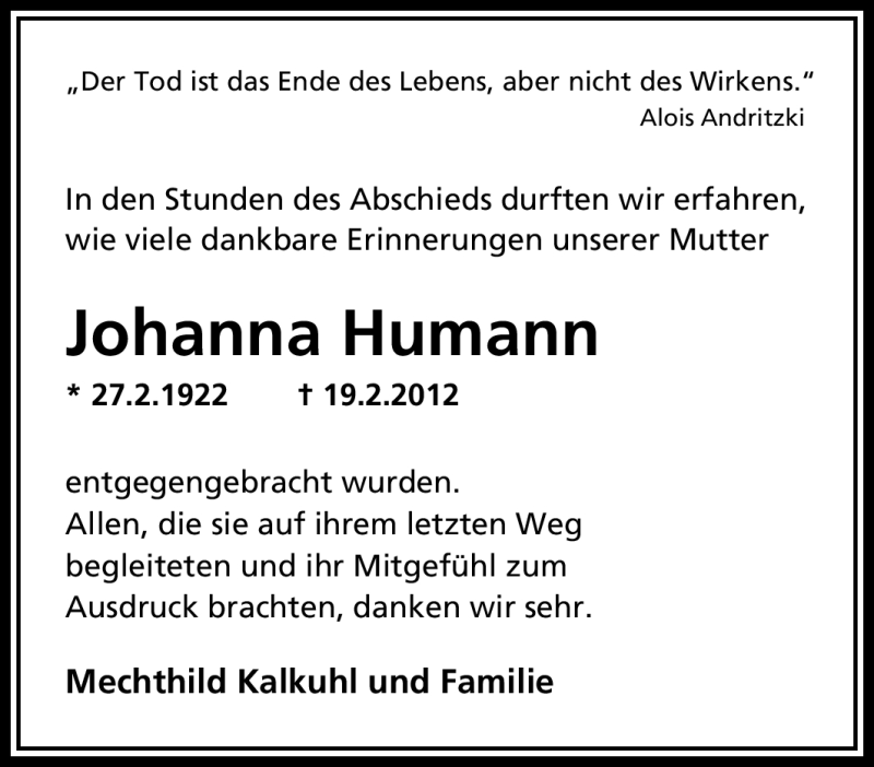  Traueranzeige für Johanna Humann vom 17.03.2012 aus Tageszeitung