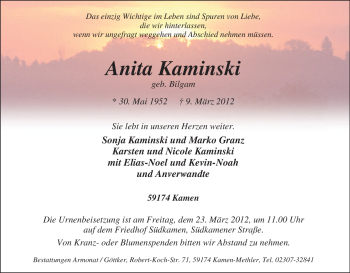 Traueranzeige von Anita Kaminski von Tageszeitung