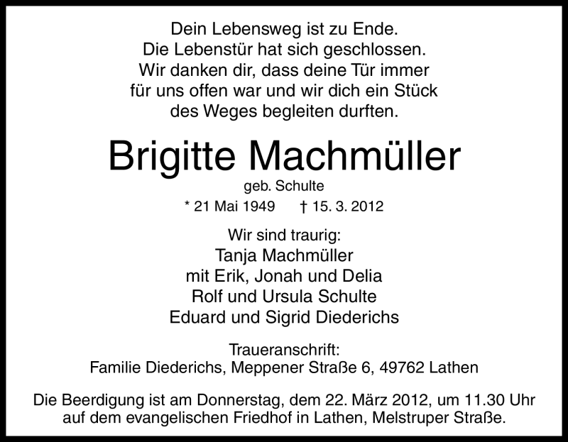  Traueranzeige für Brigitte Machmüller vom 21.03.2012 aus Tageszeitung