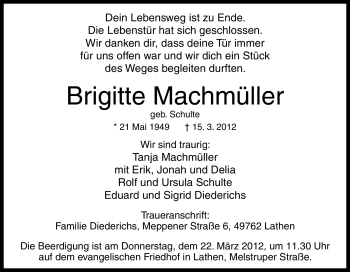 Traueranzeige von Brigitte Machmüller von Tageszeitung