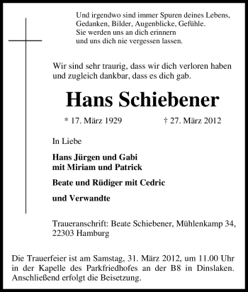 Traueranzeige von Hans Schiebener von Tageszeitung