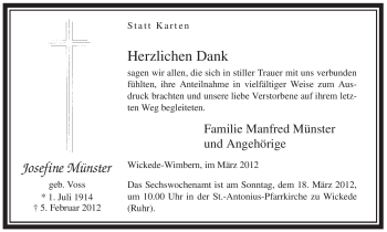 Traueranzeige von Josefine Münster von Tageszeitung