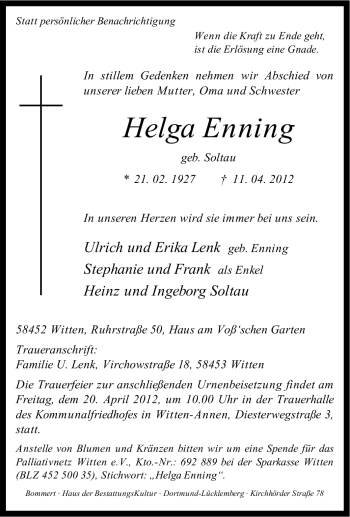 Traueranzeige von Helga Enning von Tageszeitung