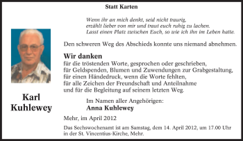 Traueranzeige von Karl Kuhlewey von Tageszeitung