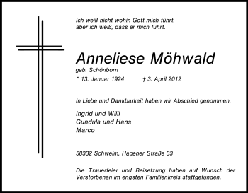 Traueranzeige von Anneliese Möhwald von Tageszeitung