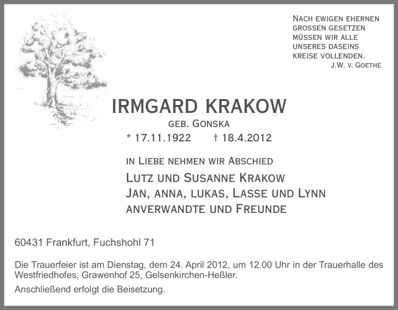  Traueranzeige für Irmgard Krakow vom 21.04.2012 aus Tageszeitung