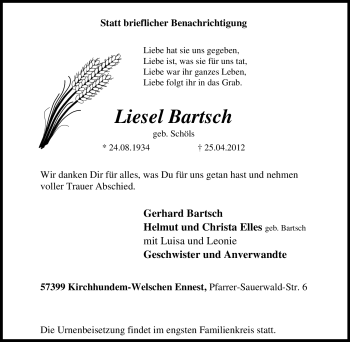 Traueranzeige von Liesel Bartsch von Tageszeitung