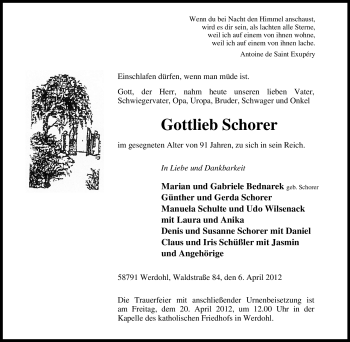 Traueranzeige von Gottlieb Schorer von Tageszeitung