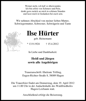 Traueranzeige von Ilse Hürter von Tageszeitung