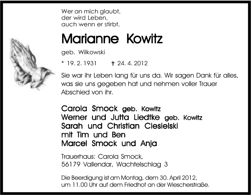  Traueranzeige für Marianne Kowitz vom 26.04.2012 aus Tageszeitung