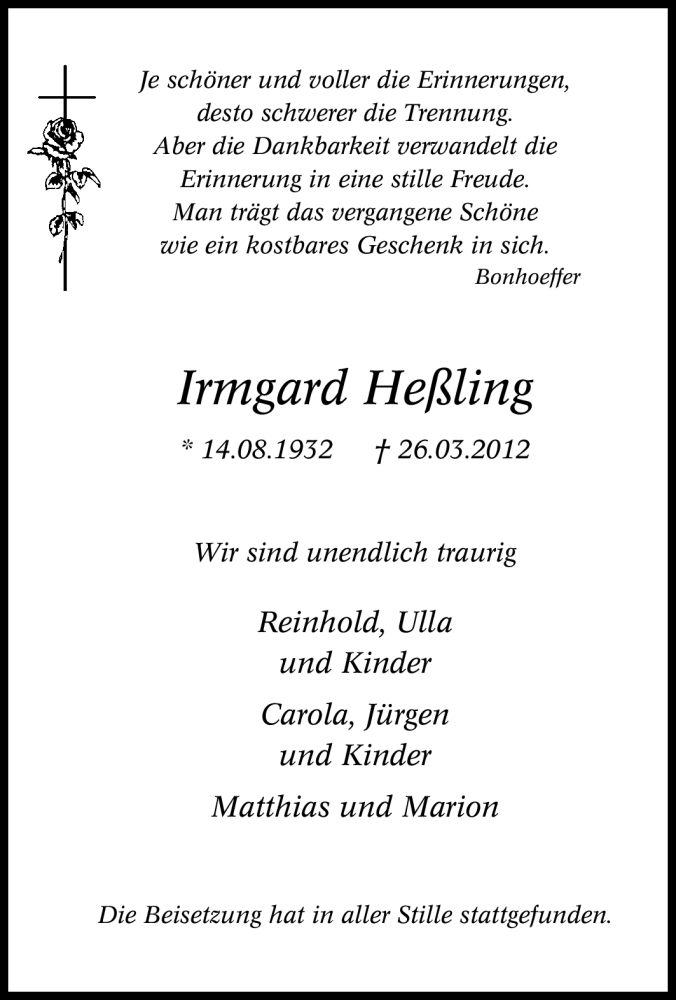  Traueranzeige für Irmgard Heßling vom 28.04.2012 aus Tageszeitung