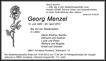 Traueranzeige von Georg Menzel von Tageszeitung