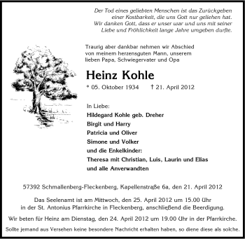 Traueranzeige von Heinz Kohle von Tageszeitung