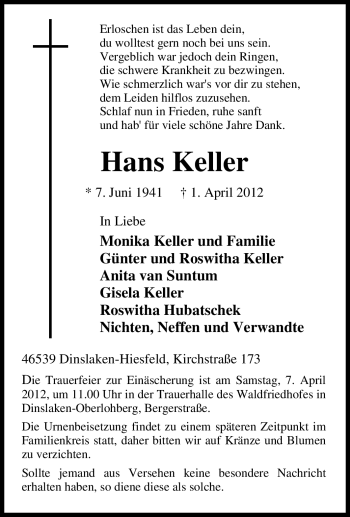 Traueranzeige von Hans Keller von Tageszeitung