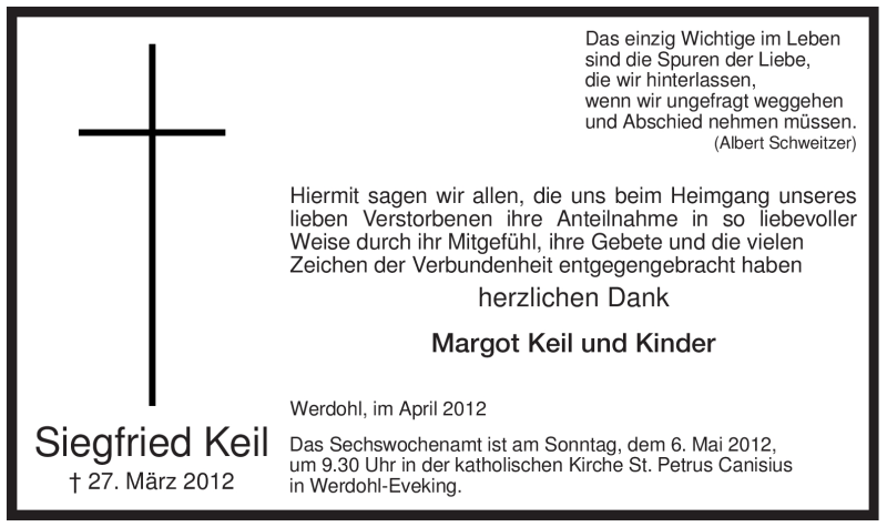  Traueranzeige für Siegfried Keil vom 28.04.2012 aus Tageszeitung