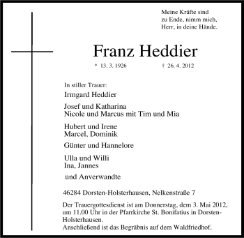 Traueranzeige von Franz Heddier von Tageszeitung