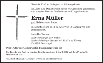 Traueranzeige von Erna Müller von Tageszeitung