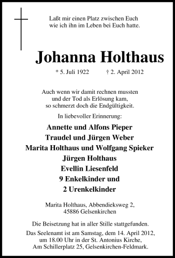Traueranzeige von Johanna Holthaus von Tageszeitung