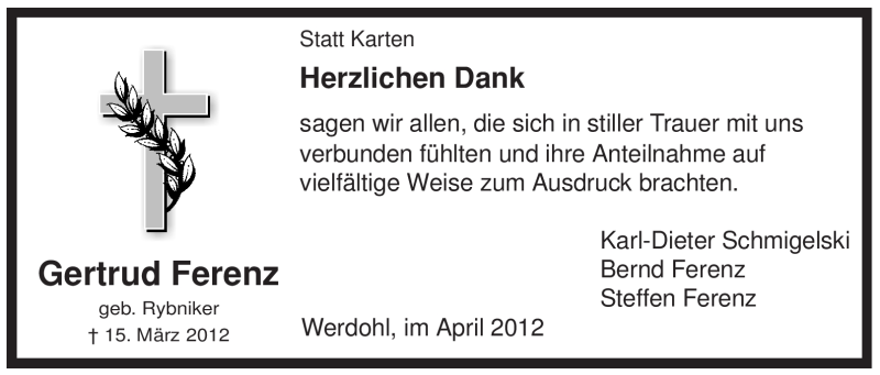 Traueranzeige für Gertrud Ferenz vom 21.04.2012 aus Tageszeitung