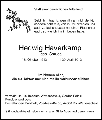 Traueranzeige von Hedwig Haverkamp von Tageszeitung