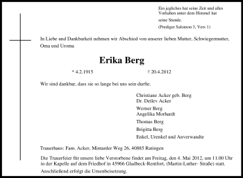 Traueranzeige von Erika Berg von Tageszeitung